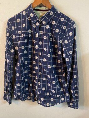 ISABELLA SINCLAIR MEDIUM NAVY BLUE & CREAM WOMEN'S LONG-SLEEVE BUTTON-UP TOP